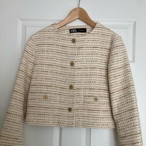 Zara Cream Tweed Blazer with Structured Silhouette